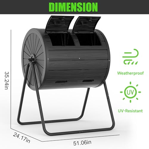 Vixzen Compost Tumbler Outdoor,38 Gallon Dual Chamber Compost Bin,Easy-Turn,Lockable Inlet,Rotating Compost Bin for Garden, Kitchen, and Yard Waste,Black - color: Black