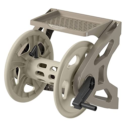 Suncast Handler Plastic Wall-Mounted Outdoor Weatherproof Garden Hose Storage Reel with Storage Tray, Holds 200 Feet of Hose (2 Pack)