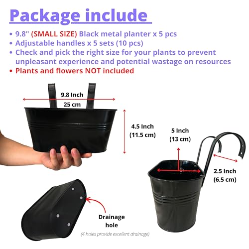 LaLaGreen Rail Planter (9.8 in, 5 Pack) Black Metal Balcony Porch Pots - size: 9.8" (25 cm) x 5 Pack