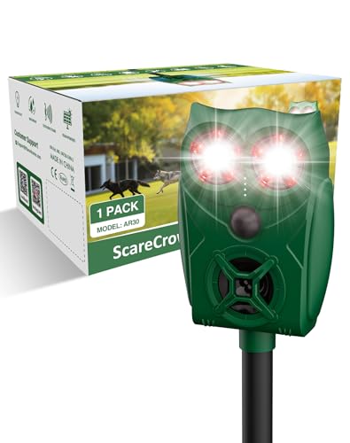 Solar Ultrasonic Animal Repeller with Motion Sensor, Deer Repellent Devices with LED Light, Waterproof Cat Repellent Outdoor, Dog Deterrent for Yard Garden to Repel Raccoon, Squirrel, Fox