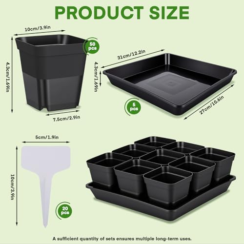 GREANER 50 Pcs Nursery Pots 4 Inch, 5 Packs 12 Inch Reusable Seed Starter Tray, Plastic Sturdy Planting Pots with 20PCS Plant Labels for Indoor Outdoor - size: 4" Pots-50PCS + 12" Trays-5PCS