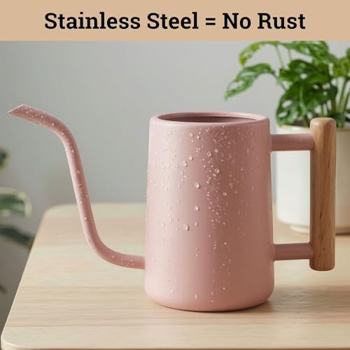 Metal Small Indoor Watering Can with Long Spout & Real Wood Handle, 35oz - color: Pink