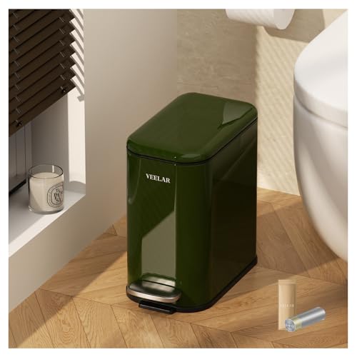 Slim Bathroom Trash Can with Lid, 1.6 Gallon / 6 Liter Stainless Steel Trash Bin, Step Pedal Garbage Cans for Bedroom, Kitchen, Office (Green) - color: Green(Step Pedal), size: 1.6 Gallon (6L)