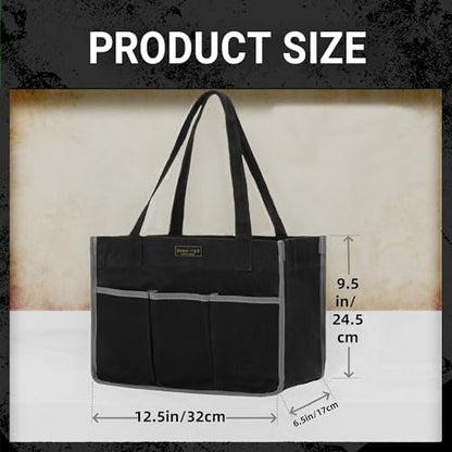 Durable 16OZ Waxed Canvas Tool Bag with Handle - A Large Main Pocket and 6 Exterior Pockets (12.5 x 6.5 x 9.5 Inches) Black - color: Black