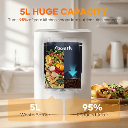 Smart 5L Electric Composter for Kitchen, Large Countertop Compost Bin with Carbon Filter & Auto-Cleaning,One-Touch Start, Smart Humidity-Sensing LED Display,Visible Window Odorless Low Noise