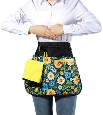 Bafelia Waterproof Server Apron for Women with 7 Pockets - color: Green Flowers