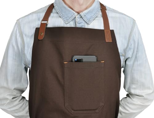 Mens Womens Kitchen Apron with Pockets & Towel Loop, Brown - color: Brown