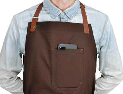 Mens Womens Kitchen Apron with Pockets & Towel Loop, Brown - color: Brown