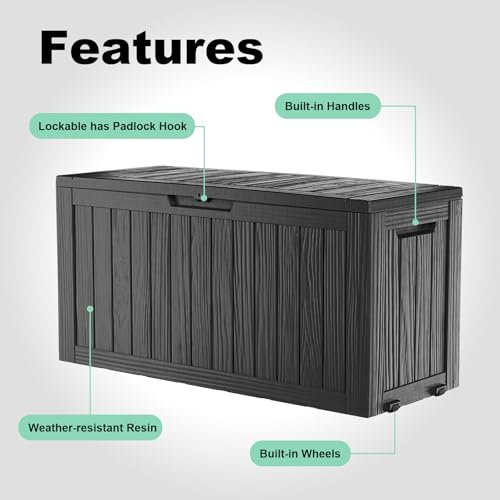 Outdoor Waterproof Resin Storage Deck Box Lockable Outside Bench UV Resistant Bin Patio Porch Furniture Pool Float Garden Tool Cushion (Black, 85 Gallon)