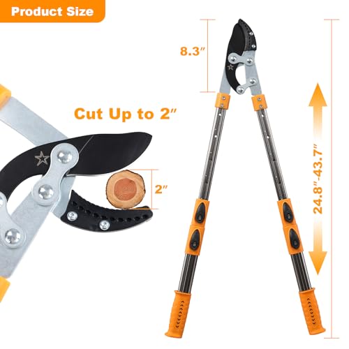 Loppers for tree trimming heavy duty extendable 24.8-43.7 inches,Tree pruning shears Rust Resistant Sharp Steel Blade Tree Limb Trimmer，Shock-Absorbing design, Non-slip Handle，Garden Tools
