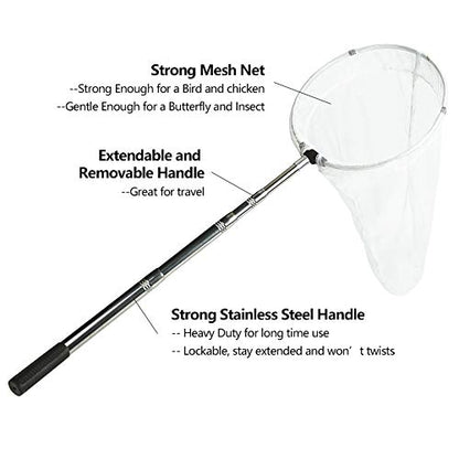 RESTCLOUD Insect and Butterfly Net with 12" Ring, 24" Net Depth, Handle Extends to 59 Inches - size: 12" Ring, 38" Handle