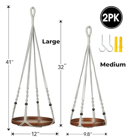 2 Pack Macrame Plant Hanger, Hanging Plant Shelf (12" + 10") - color: Light Grey, size: 2-Pack, 1-Tier