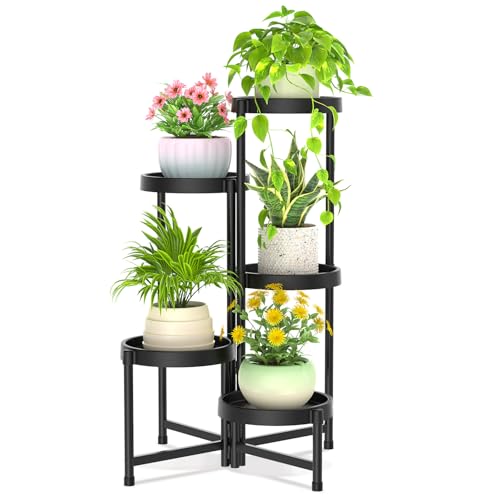 iDavosic.ly 5 Tier Folding Plant Stand Indoor Outdoor, Plastic Tray, Black - color: Black, size: 5 Tiers