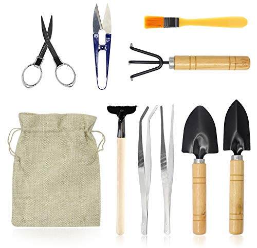 Bonsai Set 10 PCS-Mini Gardening Tools Kit for Indoor Outdoor Bonzai Include Pruner, Fold Scissors, Mini Rake, Tweezers, Cleaning Brush - color: 10 Pcs