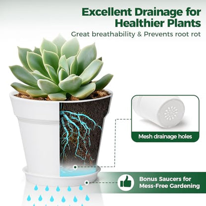 T4U Small Plant Pots 5 Inch 8 Pack, Plastic Indoor Flower Pots Saucer White - color: White, size: 5 inch