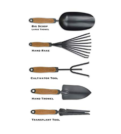 Garden Tool Set, 5 Pieces, Heavy Duty Powder Coated Steel, Cork Handle