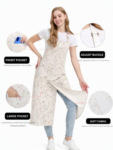 Molaxhome Split Pottery Apron with 3 Pockets Unisex with Adjustable Strap - color: Beigeflower