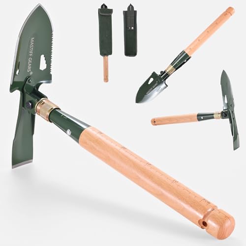 MASTIFF GEARS Military-Grade 2-in-1 Camping Shovel & Hoe - 1050 Steel, Foldable Wooden Handle, Metal Detecting Optimized, Canadian Designed & Tested, MOLLE Canvas Sheath | Limited - style: Folding Mini Shovel with Pick/Hoe