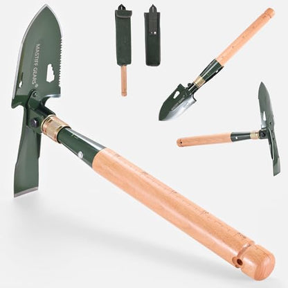 MASTIFF GEARS Military-Grade 2-in-1 Camping Shovel & Hoe - 1050 Steel, Foldable Wooden Handle, Metal Detecting Optimized, Canadian Designed & Tested, MOLLE Canvas Sheath | Limited - style: Folding Mini Shovel with Pick/Hoe