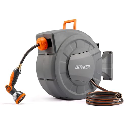Retractable Garden Hose Reel, 1/2 inch x 100 ft Water Hose Reel Wall Mounted, Any Length Lock, Slow Auto-Rewind, 180°Swivel Bracket & 10 Pattern Nozzle - size: 1/2'' 100FT