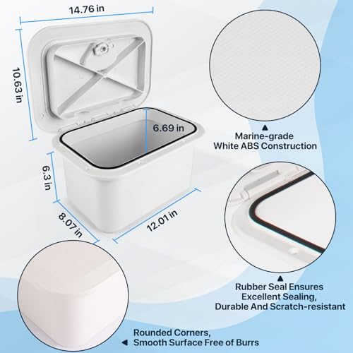 Marine Deck Storage Box with Latch, Thickened ABS Boat Embedded Storage Box, 180° Deck Hatch Lid Opening & 270° Rotating Latch, Marine Boat Tool Box for Bass, Pontoon, Center Console, Yacht, Car, Home