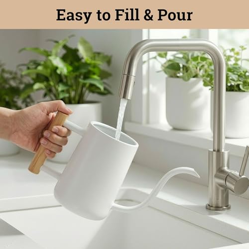 Metal Small Indoor Watering Can with Long Spout & Real Wood Handle, 35oz - color: White