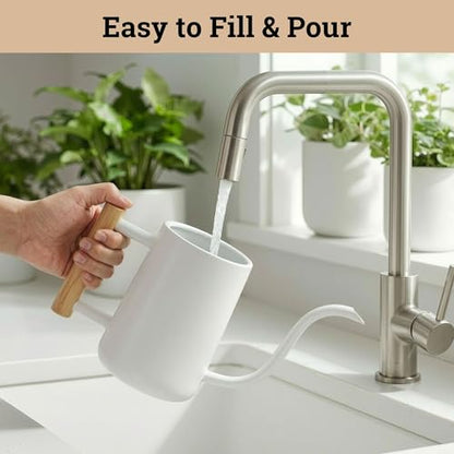 Metal Small Indoor Watering Can with Long Spout & Real Wood Handle, 35oz - color: White