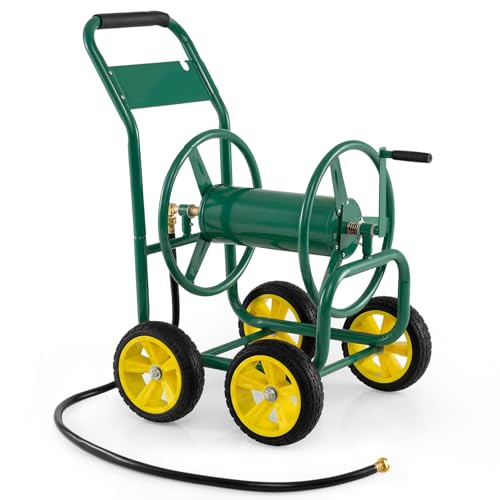 Goplus Garden Hose Reel Cart, 330ft 5/8" or 400ft 1/2" Large Capacity, Heavy-Duty Metal Hose Cart w/4 Wheels, Portable Water Hose Organizer for Outdoor Yard Planting Lawn - color: Green, size: 330 FT 5/8" Hose