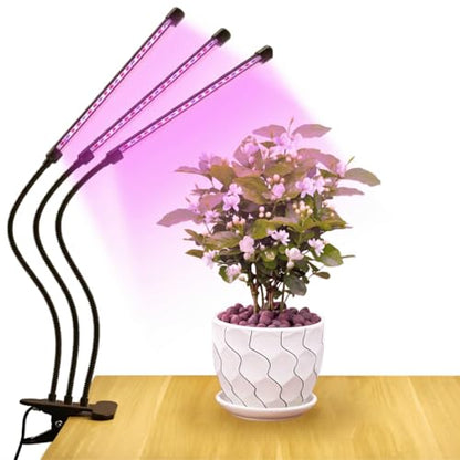 LED Grow Light Clip on Table 3 Light Tubes Growing Lamp with Red, Blue LEDs for Indoor Plants, Selectable Spectrum, 10 Brightness Level Dimmable Auto Timer 3/9/12 Hrs, USB Plug