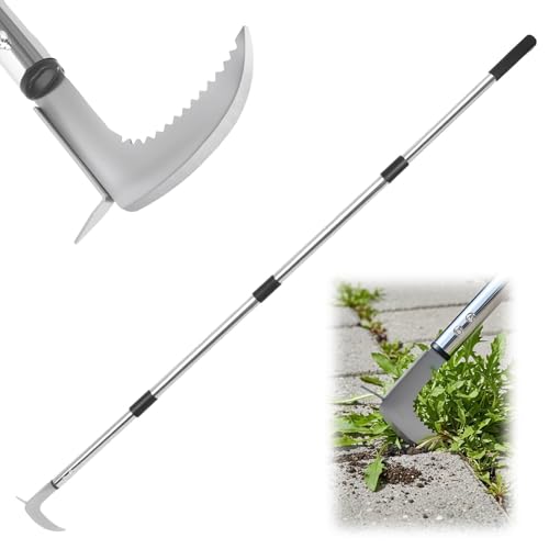 Crack Weeder Tool, 59-Inch Long Handle Crevice Weeding Tool with L-Shaped Stainless Steel Blade, Manual Weed Puller for Sidewalk, Driveway, Pavers, Patio and Deck Edges