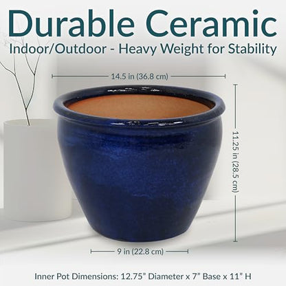 Sunnydaze Chalet 14.5" Ceramic Plant Pot, Imperial Blue Glaze