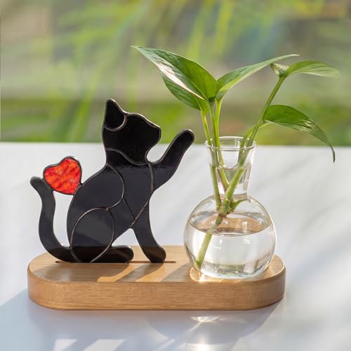 Hewory Handmade Cat Planter: Black Stained Glass Propagation Stations - color: Black