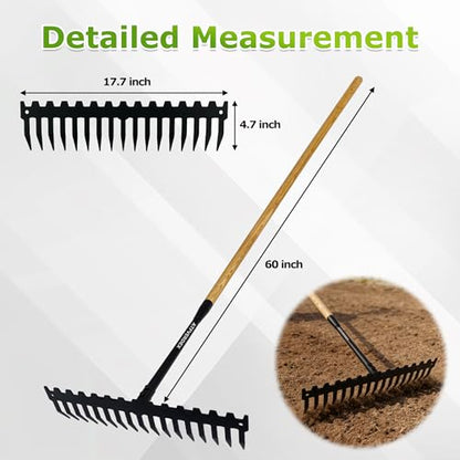 Garden Rake, 60" Wooden Handle with 17-Tine Metal Bow Rake, Secure Fit