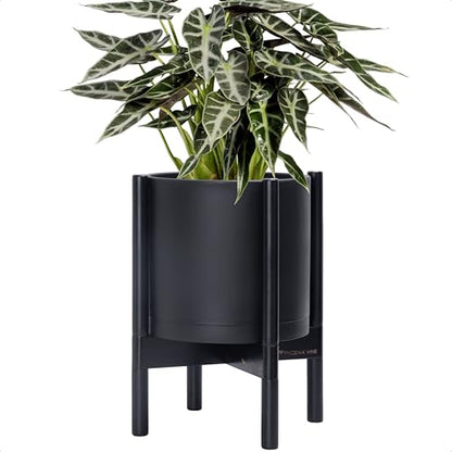 D'vine Dev Plastic Pot with Ebony Wood Stand, Black, 10 in, 55-C-N-2 - color: Matte Black Pot + Ebony Stand, size: 10 Inch