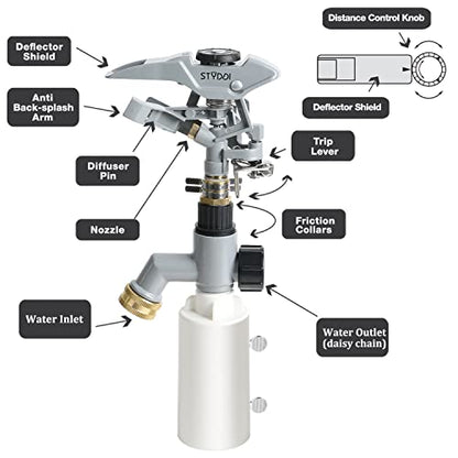 STYDDI T-Post Fence Sprinkler, Metal Impact Sprinkler Head on Fence T-Post Base with Flow Through, Irrigation Zinc-Alloy Adjustable T-Post Impulse Sprinkler
