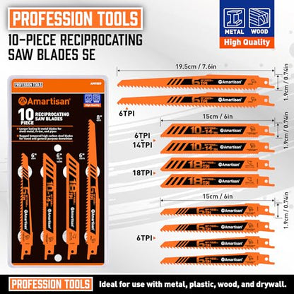 AMARTISAN 10-Piece Bi-Metal Reciprocating Saw Blade Set 6 to 8 Inch Used for Wood & Metal Cutting, Drywall, Plastic and Composite Materials - size: Reciprocating Saw Blades (10-Piece)