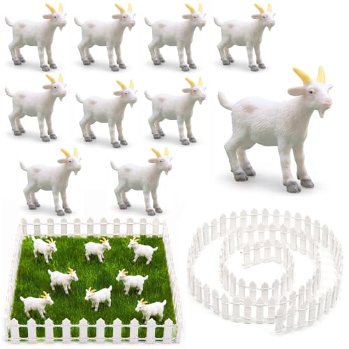 11 PCS Mini Goat Figurines with Fence, for Fairy Garden Decor, Cake Topper - color: White