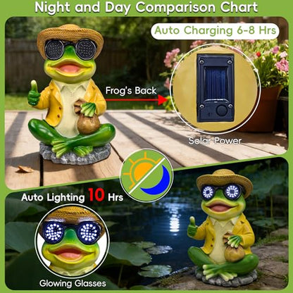Solar Frog Statue with Blinking LED Eyes, Solar Powered Garden Decor - color: Green Solar Frog Statue