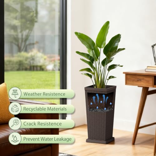 Set of 2 24 Inch Tall Plastic Planters with Drainage Saucers, Brown - color: Brown, size: 24 inch with Trays