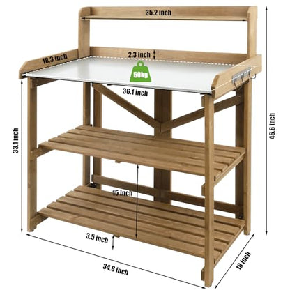 PetsCosset Folding Garden Potting Bench Table，Outdoor Wooden Work Station W/Metal Table Top,2 Tier Open Storage Rack,Top Shelf-Natural Stained