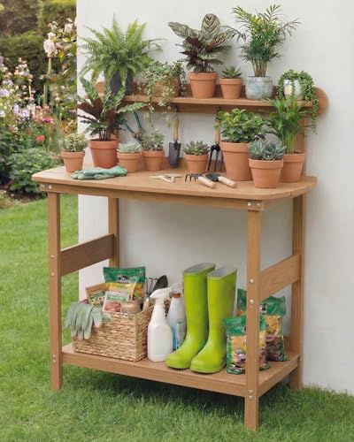 HIPS Outdoor Potting Table Bench with 3-Tier Storage Teak - color: Teak