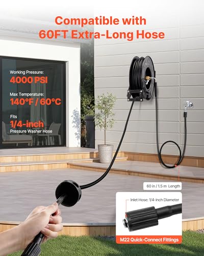 VEVOR Pressure Washer Hose Reel, 60 ft x 1/4 inch Retractable Power Heavy-Duty Steel Washer Hose Reel, 4000PSI Max, Auto-Rewinding, Flexible Wall/Floor Mounted for Car Washing,Garden,Floor Cleaning - size: 60 ft x 1/4 inch, 4000PSI