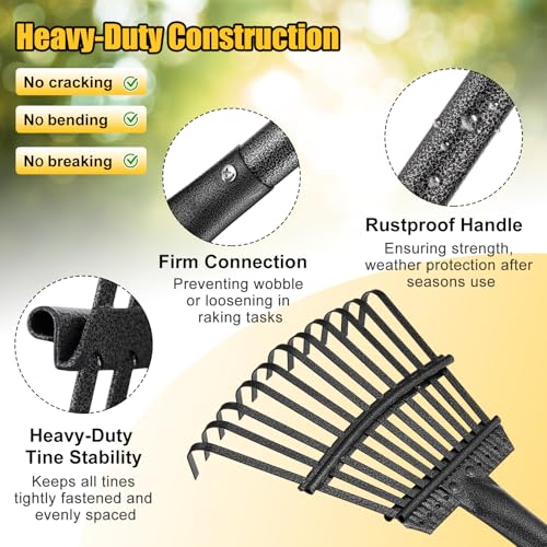Leaf Rake: 8.5" Wide Heavy Duty Small Metal Garden Rake for Lawn Yard Garden Bed Leaves Debris Shrub Pine Needles Cleanup, 11 Metal Tines, Lightweight Kids Leaf Rakes, 72” Long Handle - style: 11 tines-6ft