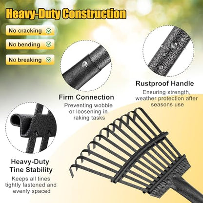 Leaf Rake: 8.5" Wide Heavy Duty Small Metal Garden Rake for Lawn Yard Garden Bed Leaves Debris Shrub Pine Needles Cleanup, 11 Metal Tines, Lightweight Kids Leaf Rakes, 72” Long Handle - style: 11 tines-6ft
