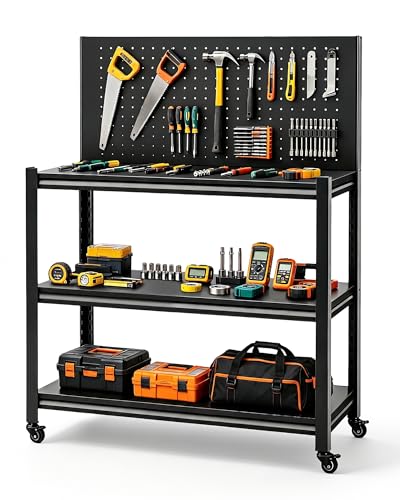 Pterying 52" Mobile Garage Work Bench Table, Lockable Wheels, Pegboard