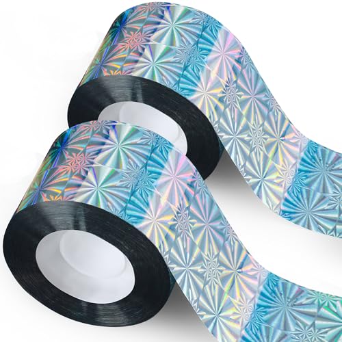 1.9in Wide Bird Scare Tape Ribbon 328ft x 2 Rolls Double Side Reflective Tape to Keep Birds Away Outdoor Holographic Bird Flash Ribbon Scare Geese Pigeon Woodpecker for Home Garden Patio Orchard