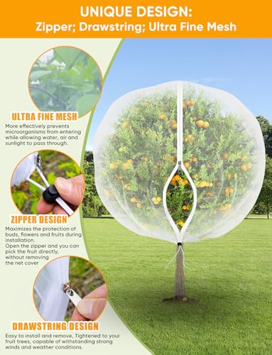 VITI Fruit Tree Netting for Cicadas - with 4Pcs 8Ftx5.3Ft Zipper&Drawstring Protection for Your Fruit Trees Garden Bird Netting Covers Blueberry Bush Tomato Bug Plant Protection Cherry Apple Tree - size: 8X5.3FT