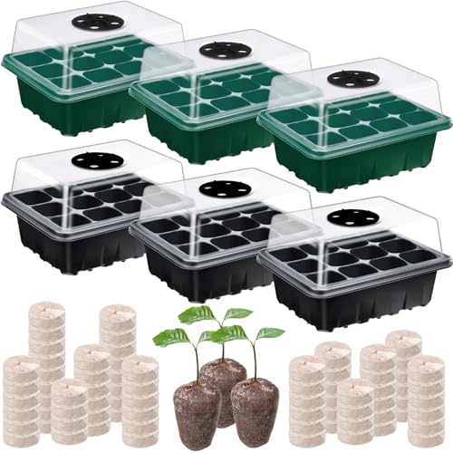 SiliFine 6 Pack Seed Starter Tray with 72 Pcs Peat Pellets, Seeding Starter Kit (72 Cells Total Tray) with Humidity Dome, Soil Plant Germination Tray Kit for Flower Vegetable(Black, Green) - color: Black, Green