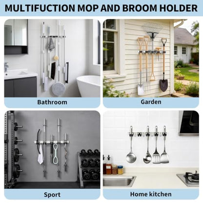 Mop and Broom Hanger Wall Mounted, 5 Racks and 4 Hooks, Storage Organiser (1, Black, 5)