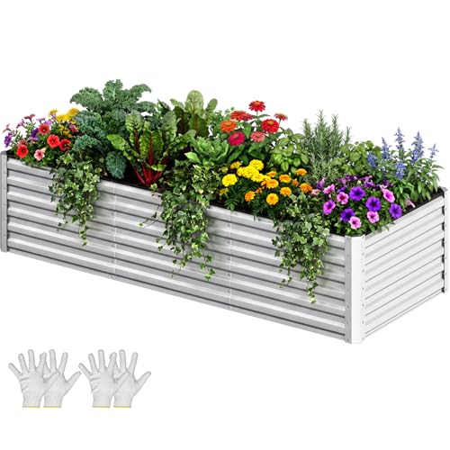 YITAHOME 8x4x2ft Galvanized Raised Garden Bed, Metal Planter Box with Safety Rubber, Gloves, Outdoor Flower Bed for Planting Plants Vegetables, Silver - color: Silver, size: 8x4x2ft